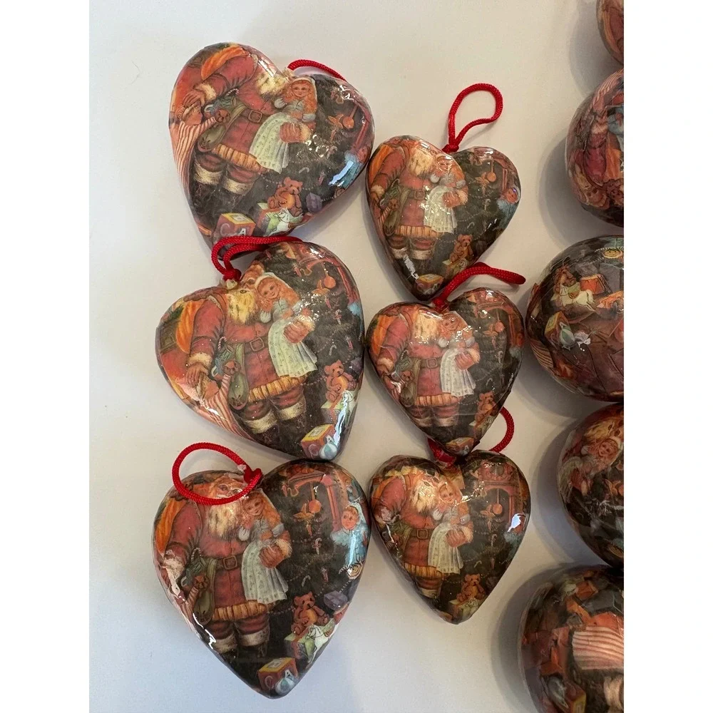 Vintage Decoupage Santa Toy Christmas Ornaments 20 ct Various Sizes Heart & Ball